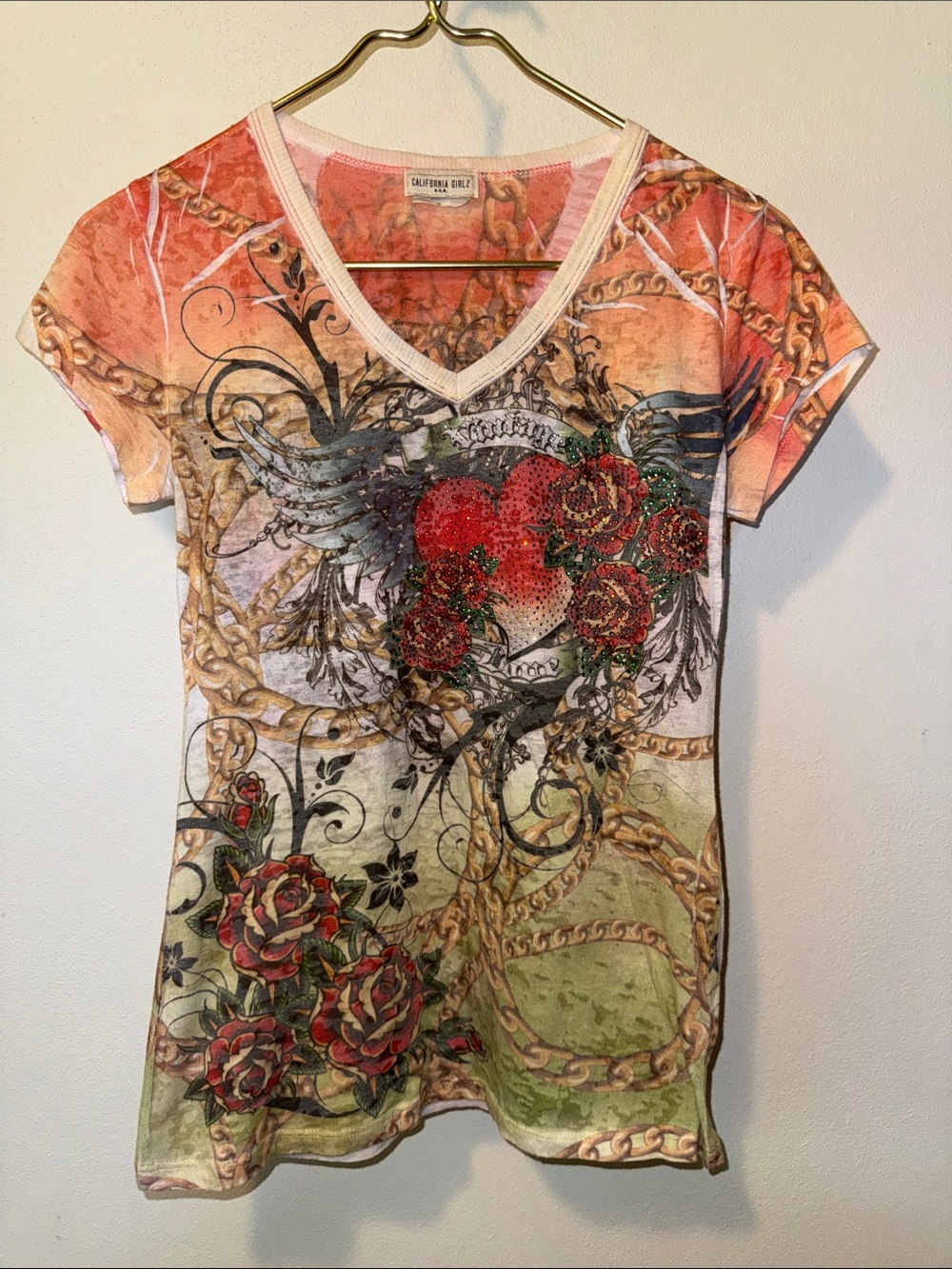California Girlz vintage Coral & Green V-Neck Graphic Tee